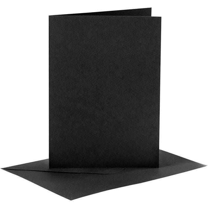 Kort og konvolutter, kort str. 10,5x15 cm, konvolutt str. 11,5x16,5 cm, 110+230 g, svart, 6 sett/ 1 pk.