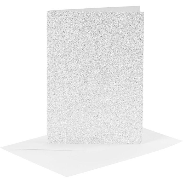 Kort og konvolutter, kort str. 10,5x15 cm, konvolutt str. 11,5x16,5 cm, glitter, 120+250 g, sølv, 4 sett/ 1 pk.
