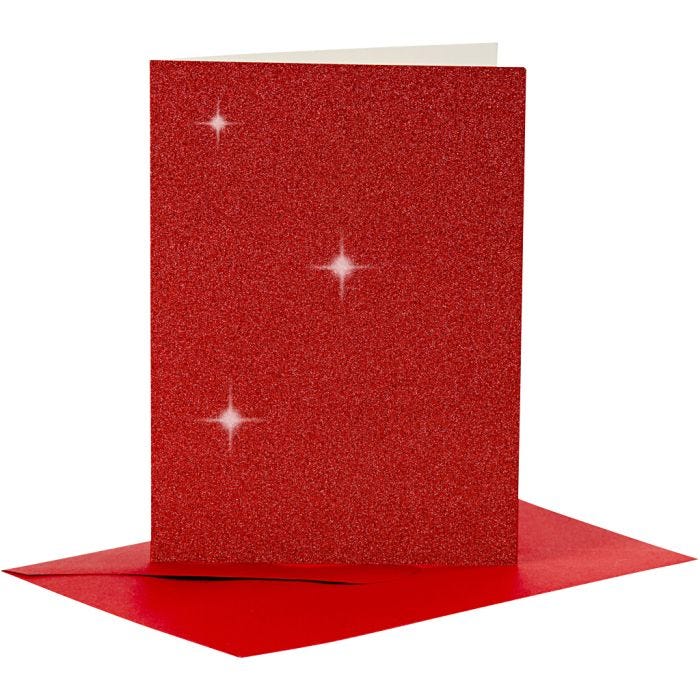 Kort og konvolutter, kort str. 10,5x15 cm, konvolutt str. 11,5x16,5 cm, glitter, 110+250 g, rød, 4 sett/ 1 pk.