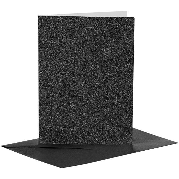 Kort og konvolutter, kort str. 10,5x15 cm, konvolutt str. 11,5x16,5 cm, glitter, 110+250 g, svart, 4 sett/ 1 pk.