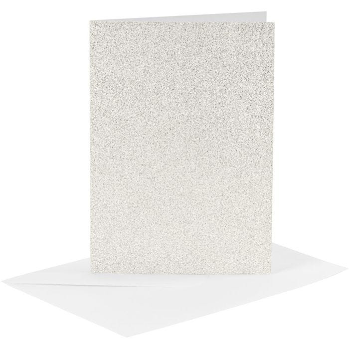 Kort og konvolutter, kort str. 10,5x15 cm, konvolutt str. 11,5x16,5 cm, glitter, 120+250 g, hvit, 4 sett/ 1 pk.