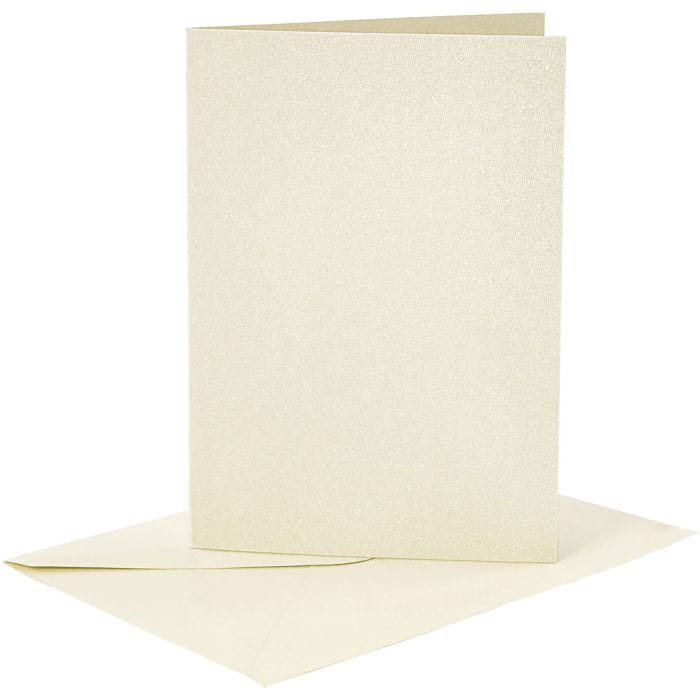 Kort og konvolutter, kort str. 10,5x15 cm, konvolutt str. 11,5x16,5 cm, perlemor, 120+210 g, råhvit, 4 sett/ 1 pk.