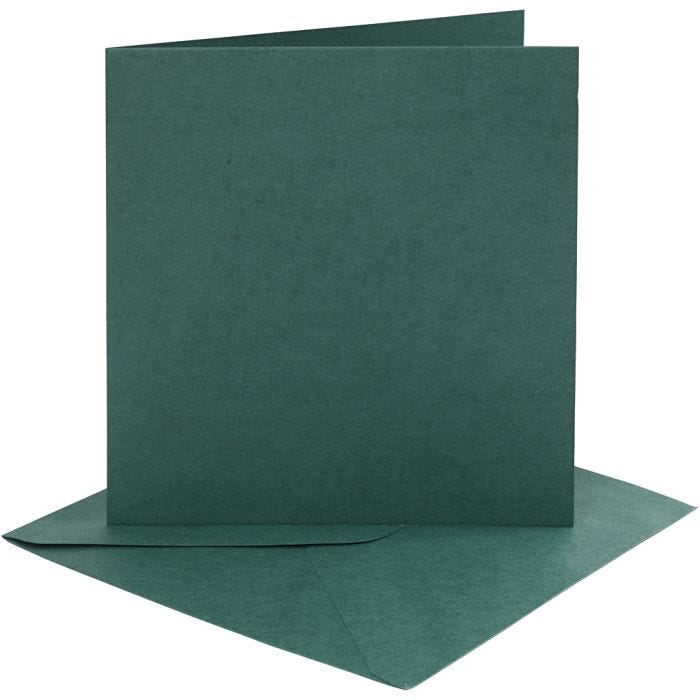 Kort og konvolutter, kort str. 15,2x15,2 cm, konvolutt str. 16x16 cm, 230 g, mørk grønn, 4 sett/ 1 pk.