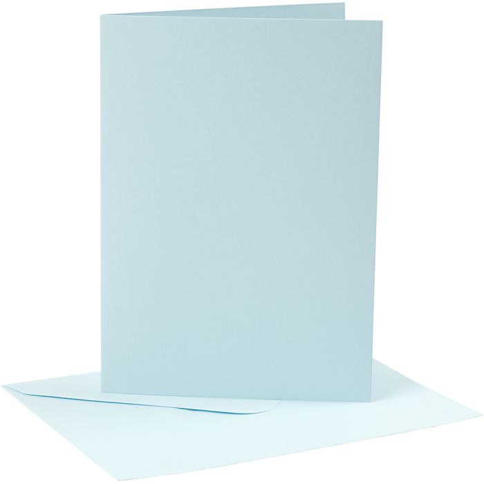Kort og konvolutter, kort str. 12,7x17,8 cm, konvolutt str. 13,3x18,5 cm, 220 g, lys blå, 4 sett/ 1 pk.