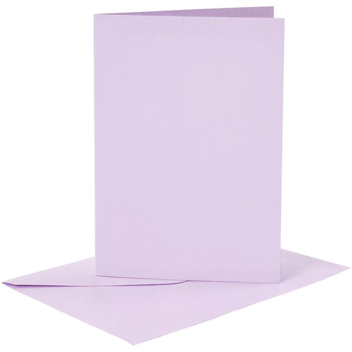 Kort og konvolutter, kort str. 10,5x15 cm, konvolutt str. 11,5x16,5 cm, 120+210 g, lys lilla, 6 sett/ 1 pk.