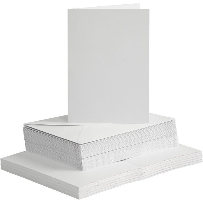 Kort og konvolutter, kort str. 10,5x15 cm, konvolutt str. 11,5x16,5 cm, 120+240 g, hvit, 50sett/ 1 pk.