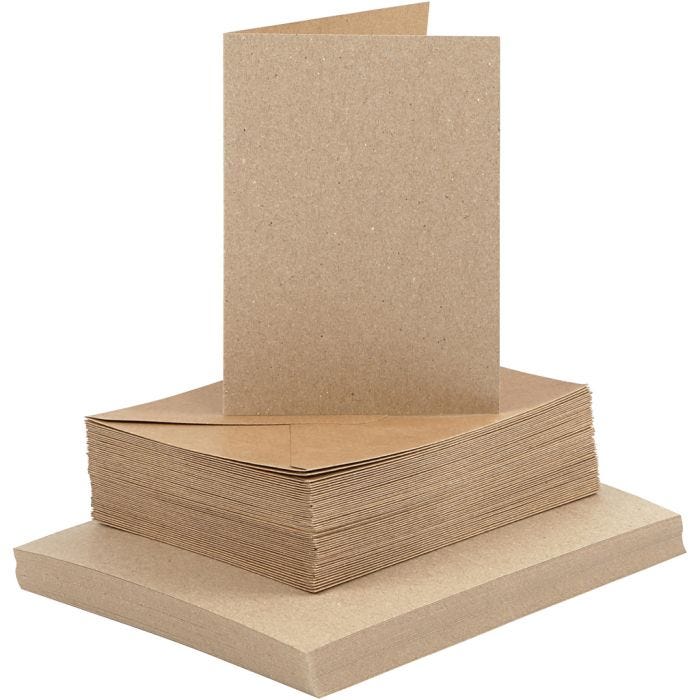 Kort og konvolutter, kort str. 10,5x15 cm, konvolutt str. 11,5x16,5 cm, 120+240 g, natur, 50 sett/ 1 pk.