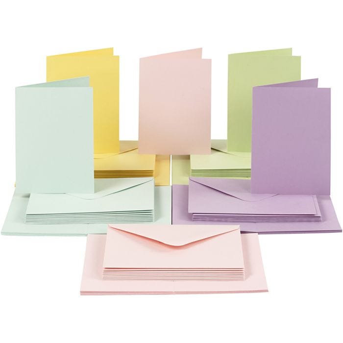 Kort og konvolutter, kort str. 10,5x15 cm, konvolutt str. 11,5x16,5 cm, 110+220 g, pastellfarger, 50 sett/ 1 pk.