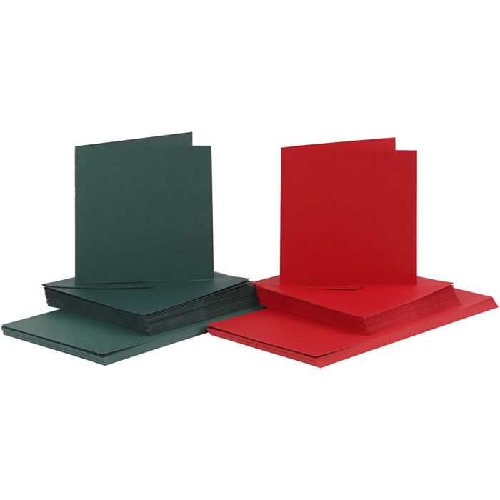 Kort og konvolutter, kort str. 15x15 cm, konvolutt str. 16x16 cm, 110+230 g, grønn, rød, 50 sett/ 1 pk.