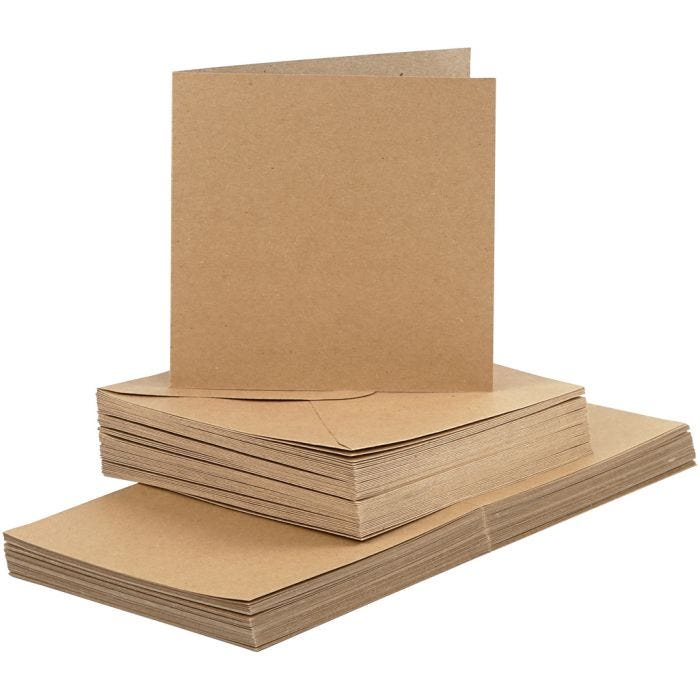 Kort og konvolutter, kort str. 15x15 cm, konvolutt str. 16x16 cm, 120+240 g, natur, 50sett/ 1 pk.
