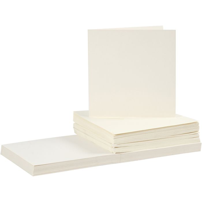 Kort og konvolutter, kort str. 15x15 cm, konvolutt str. 16x16 cm, 110+220 g, råhvit, 50 sett/ 1 pk.