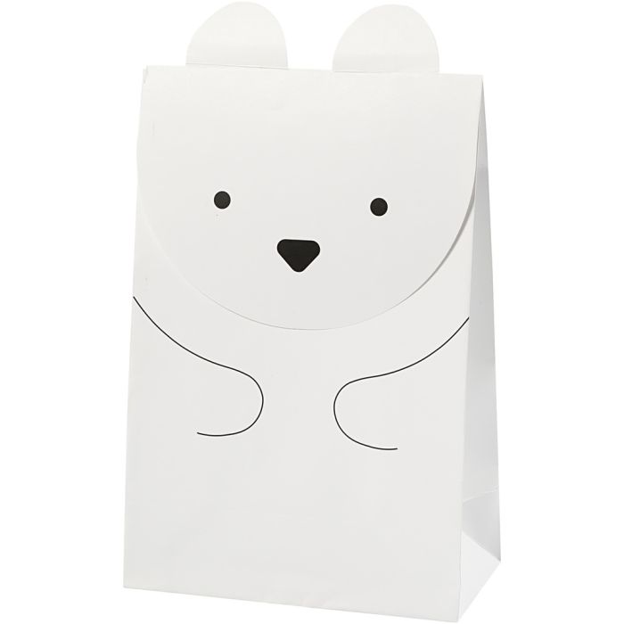 Papirpose, isbjørn, H: 18 cm, str. 6x12 cm, 80 g, hvit, 6 stk./ 1 pk.