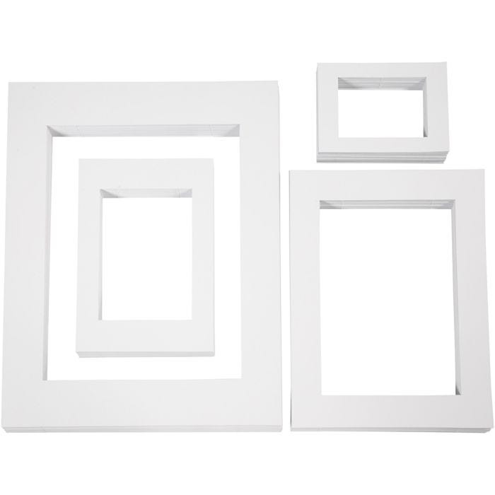 Passepartoutrammer, A3,A4,A5,A6, str. 13,4x18,9+19,7x27,9+28,3x36,6+39,5x49,6 cm, 500 g, hvit, 4x100 stk./ 1 pk.