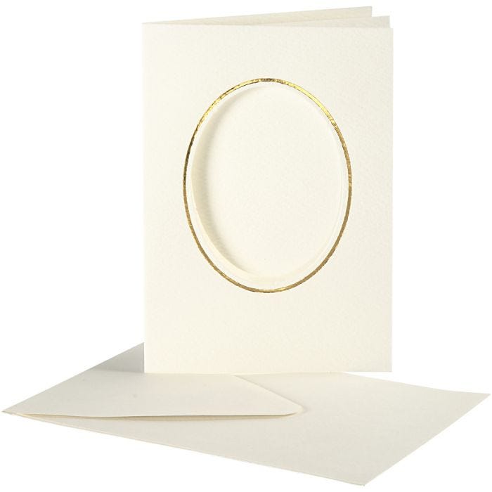 Passepartoutkort med konvolutt, oval med gullkant, kort str. 10,5x15 cm, konvolutt str. 11,5x16,5 cm, råhvit, 10 sett/ 1 pk.