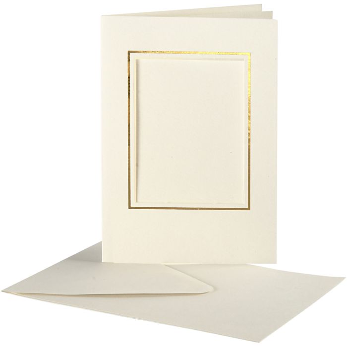 Passepartoutkort med konvolutt, rektangulær med gullkant, kort str. 10,5x15 cm, konvolutt str. 11,5x16,5 cm, råhvit, 10 sett/ 1 pk.