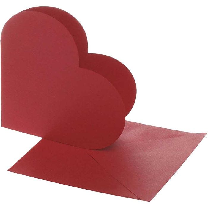 Hjertekort, kort str. 12,5x12,5 cm, konvolutt str. 13,5x13,5 cm, rød, 10 sett/ 1 pk.