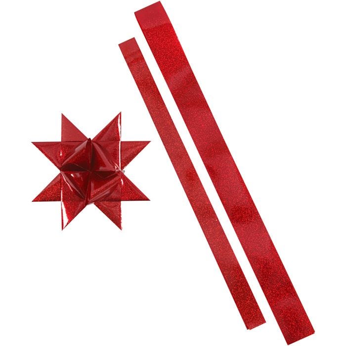 Stjernestrimler, L: 86+100 cm, dia. 11,5+18,5 cm, B: 25+40 mm, rød, rød glitter, 16 strimler/ 1 pk.