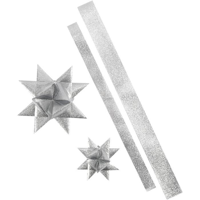 Stjernestrimler, L: 86+100 cm, dia. 11,5+18,5 cm, B: 25+40 mm, sølvglitter, 16 strimler/ 1 pk.