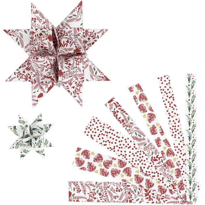 Stjernestrimler, L: 44+78 cm, B: 15+25 mm, dia. 6,5+11,5 cm, rød, hvit, 48 strimler/ 1 pk.
