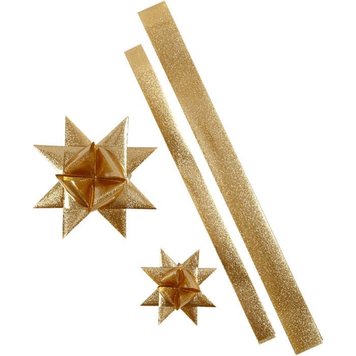 Stjernestrimler, L: 86+100 cm, B: 25+40 mm, dia. 11,5+18,5 cm, gull glitter, 16 strimler/ 1 pk.
