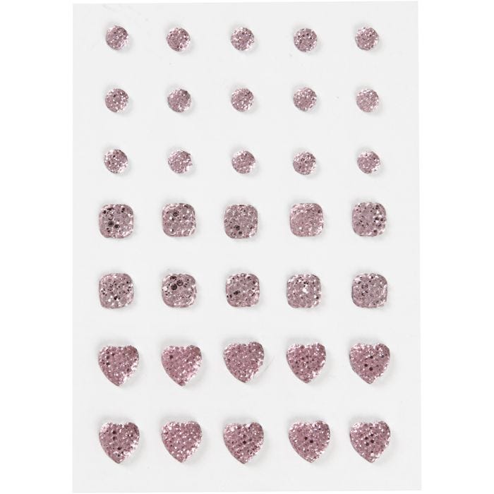 Rhinstein, rund, firkant, hjerte, str. 6+8+10 mm, rosa, 35 stk./ 1 pk.