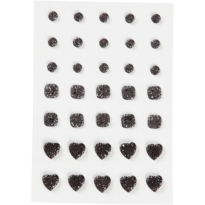 Rhinstein, rund, firkant, hjerte, str. 6+8+10 mm, svart, 35 stk./ 1 pk.