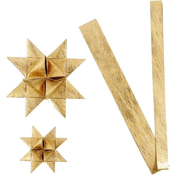 Stjernestrimler, L: 44+78 cm, dia. 6,5+11,5 cm, B: 15+25 mm, gull, 32 strimler/ 1 pk.