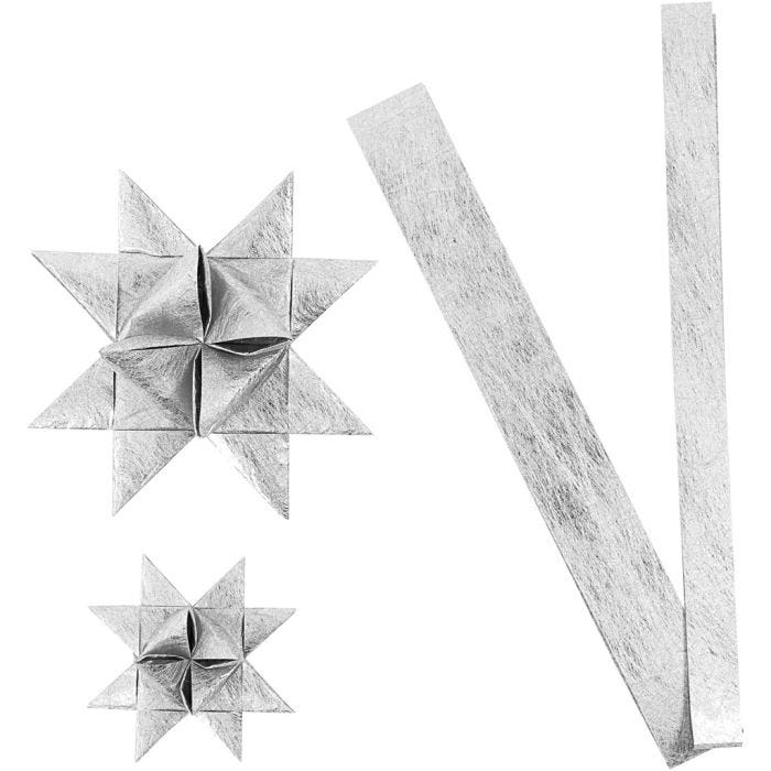 Stjernestrimler, L: 44+78 cm, B: 15+25 mm, dia. 6,5+11,5 cm, sølv, 32 strimler/ 1 pk.