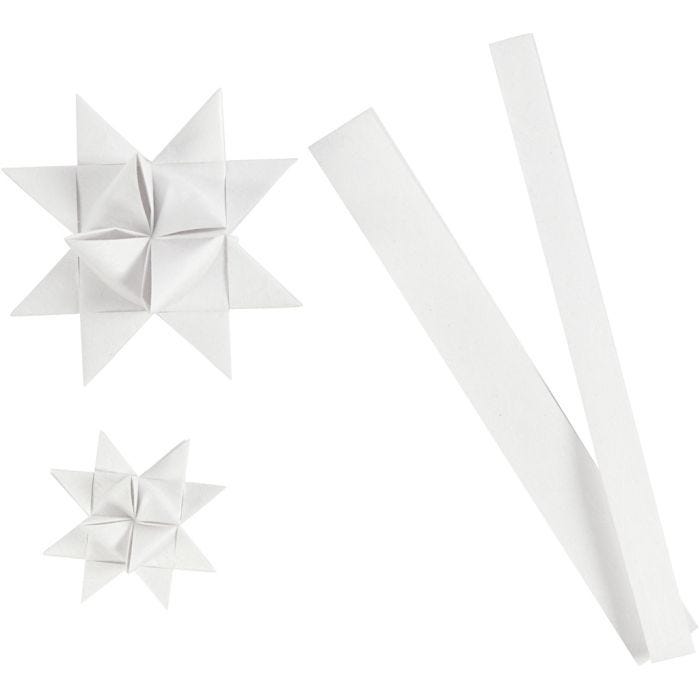 Stjernestrimler, L: 44+78 cm, B: 15+25 mm, dia. 6,5+11,5 cm, hvit, 32 strimler/ 1 pk.