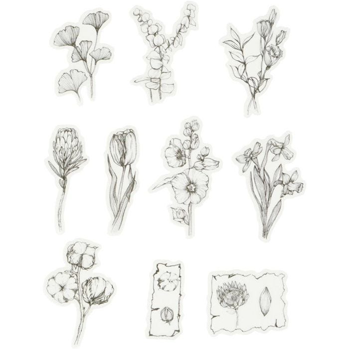 Washi stickers, svarte/hvite blomster, str. 30-50 mm, 30 stk./ 1 pk.