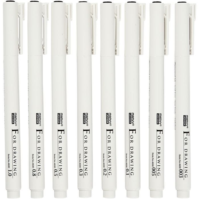 Fine Line skrive/tegnetusj, strek 0,03+0,05+0,1+0,2+0,3+0,5+0,8+1,0 mm, svart, 8 stk./ 1 pk.