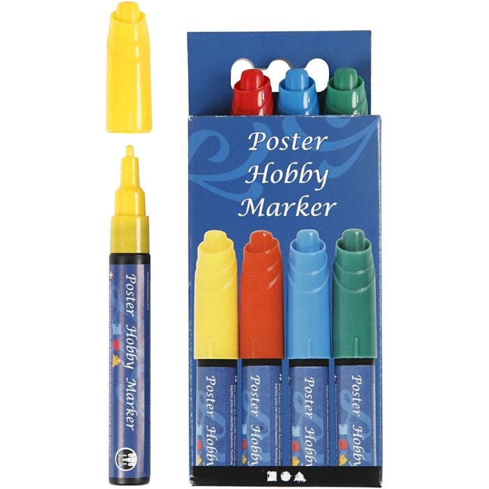Poster Hobby Marker, strek 3 mm, blå, grønn, rød, gul, 4 stk./ 1 pk.