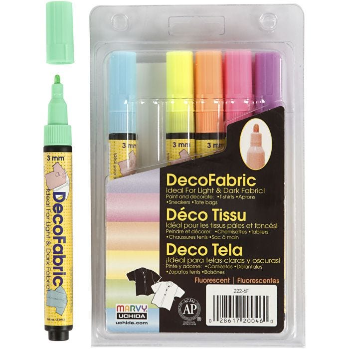 Deco Tekstiltusj, strek 3 mm, neonfarger, 6 stk./ 1 pk.