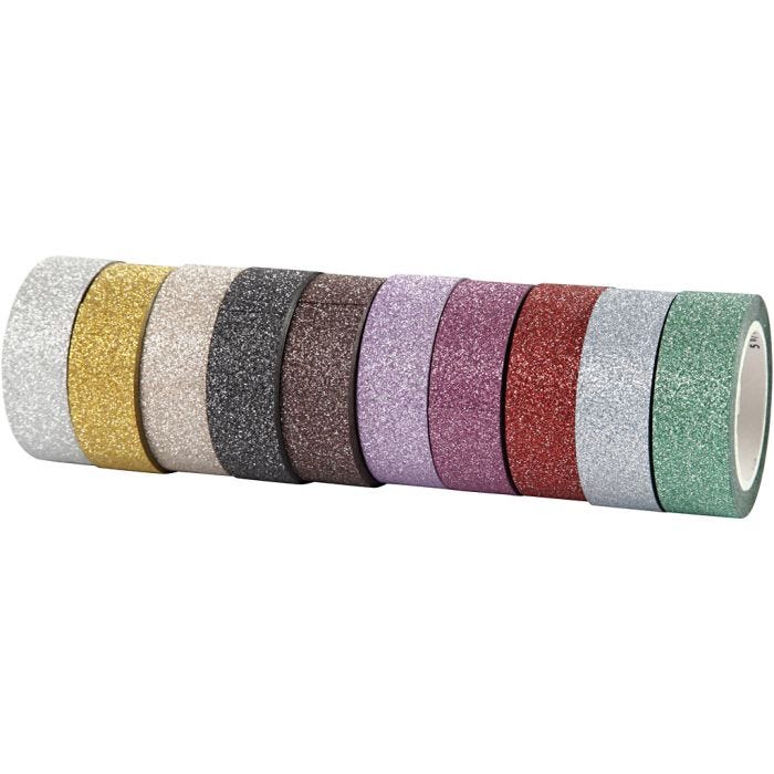 Glittertape, B: 15 mm, ass. farger, 10x6 m/ 1 pk.