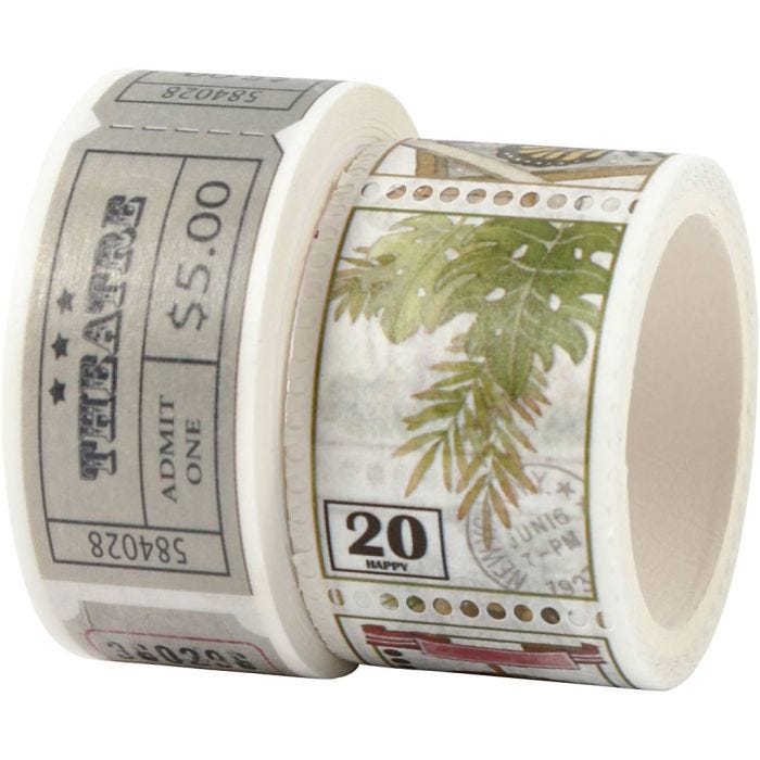 Masking Tape, Billett og naturmotiver, L: 3+5 M, B: 20+25 mm, 2 rl./ 1 pk.