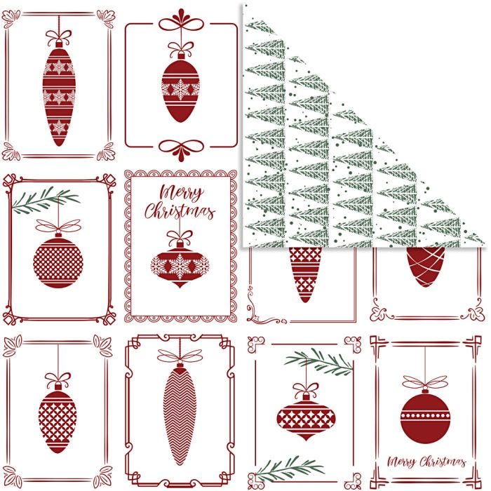 Designpapir, julekuler og juletrær, ark 30,5x30,5 cm, 180 g, 5 ark/ 1 pk.