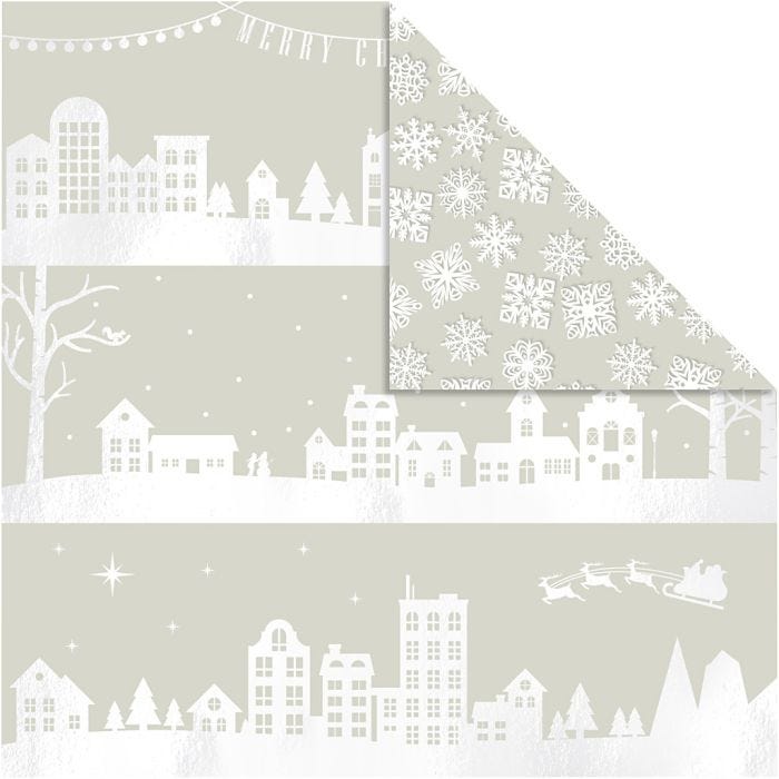 Designpapir, hus og snøkrystaller, ark 30,5x30,5 cm, 180 g, 3 ark/ 1 pk.