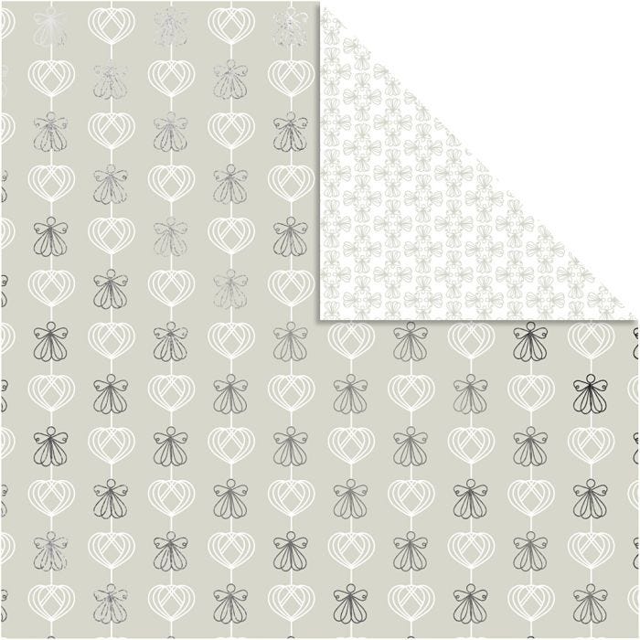 Designpapir, engler og hjerter, ark 30,5x30,5 cm, 180 g, sølv, 3 ark/ 1 pk.
