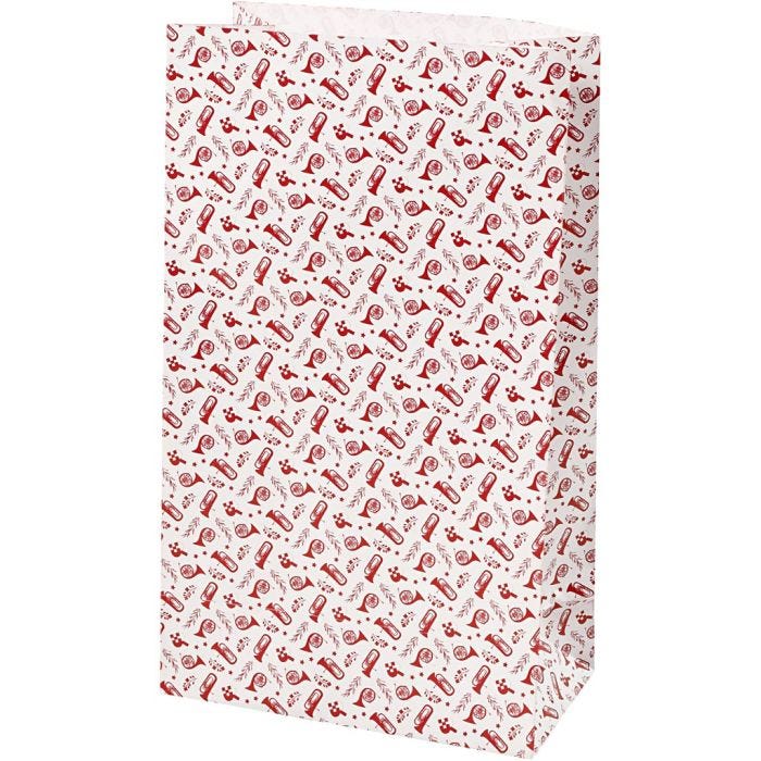 Papirpose, trompet, H: 21 cm, str. 6x12 cm, 80 g, rød, hvit, 8 stk./ 1 pk.