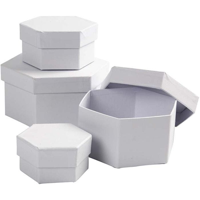 Sekskantede Esker, H: 4+5+6+7 cm, dia. 6,5+8+10+12 cm, hvit, 4 stk./ 1 sett