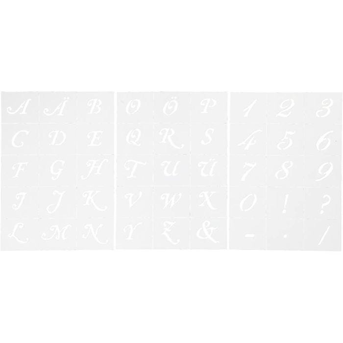 Sjablonger, bokstaver og tall, H: 20-30 mm, A5, ark 148x210 mm, 3 ark/ 1 pk.