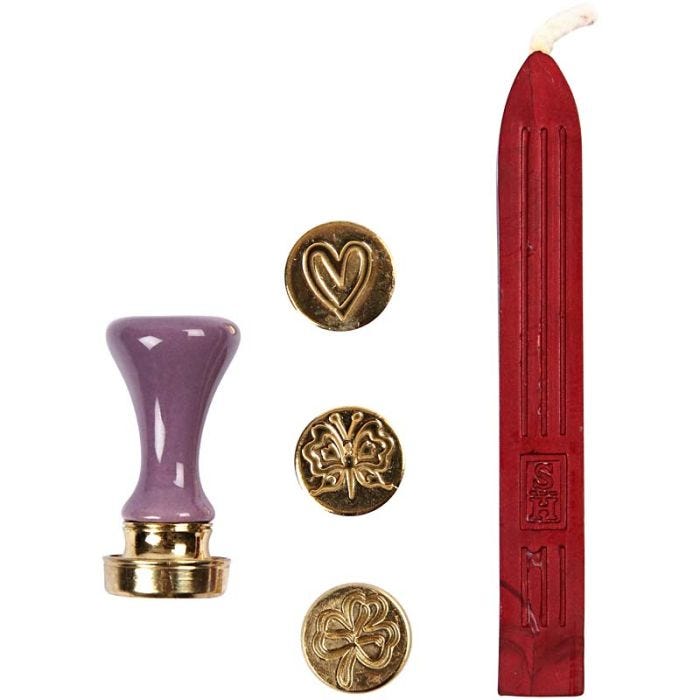 Lakk og segl, hjerte, sommerfugl, firkløver, dia. 18 mm, 1 sett