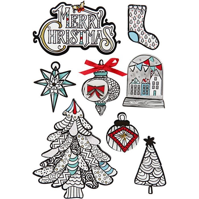 3D Stickers, julemotiver, H: 32-80 mm, B: 25-65 mm, 8 stk./ 1 pk.