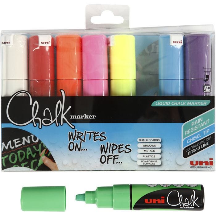 Chalk Marker, strek 8 mm, ass. farger, 8 stk./ 1 pk.
