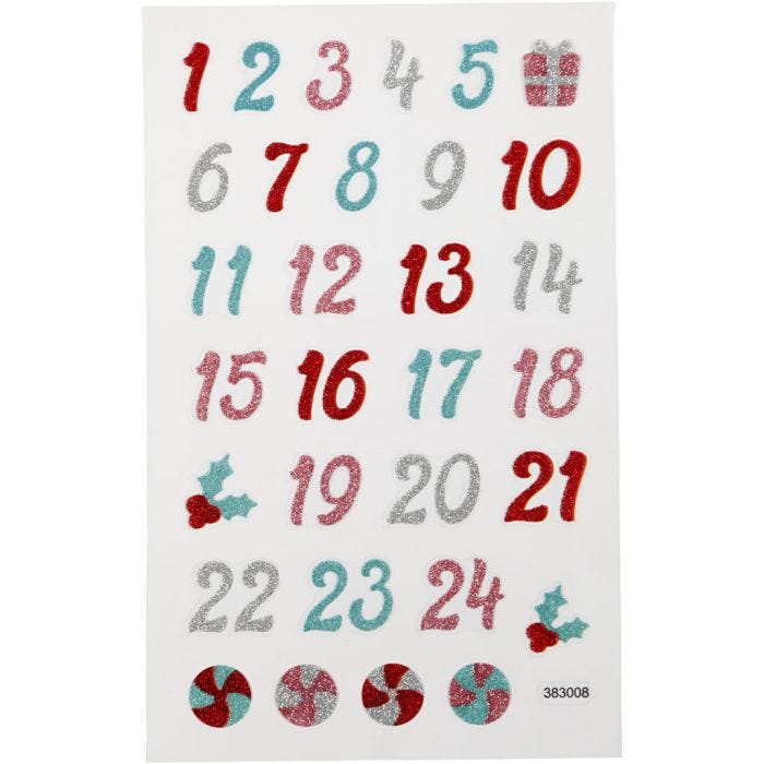 Glitterstickers, kalendertall, ark 10x16 cm, 1 ark