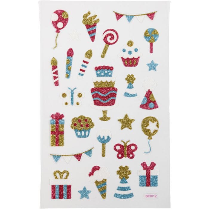 Glitterstickers, bursdag, 10x16 cm, 1 ark
