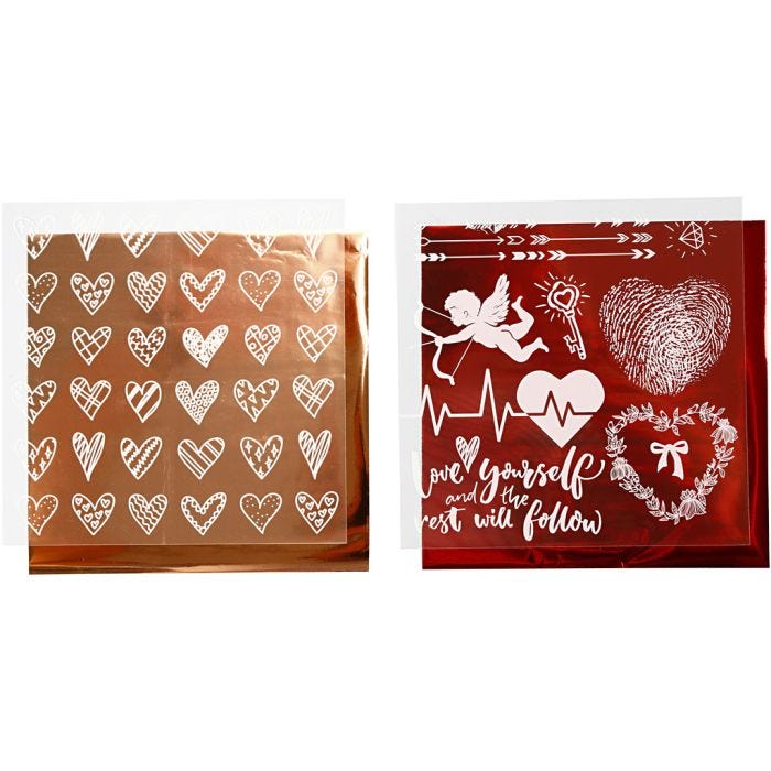Dekorasjonsfolie og design limark, hjerter og kjærlighet, ark 15x15 cm, rød, 2x2ark/ 1 pk.