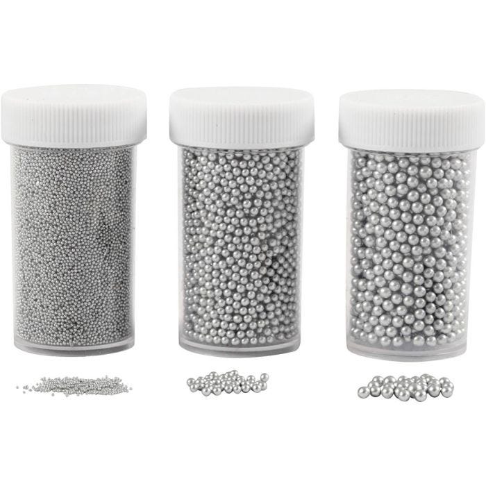 Mini Glasskuler, str. 0,6-0,8+1,5-2+3 mm, sølv, 3x45 g/ 1 pk.