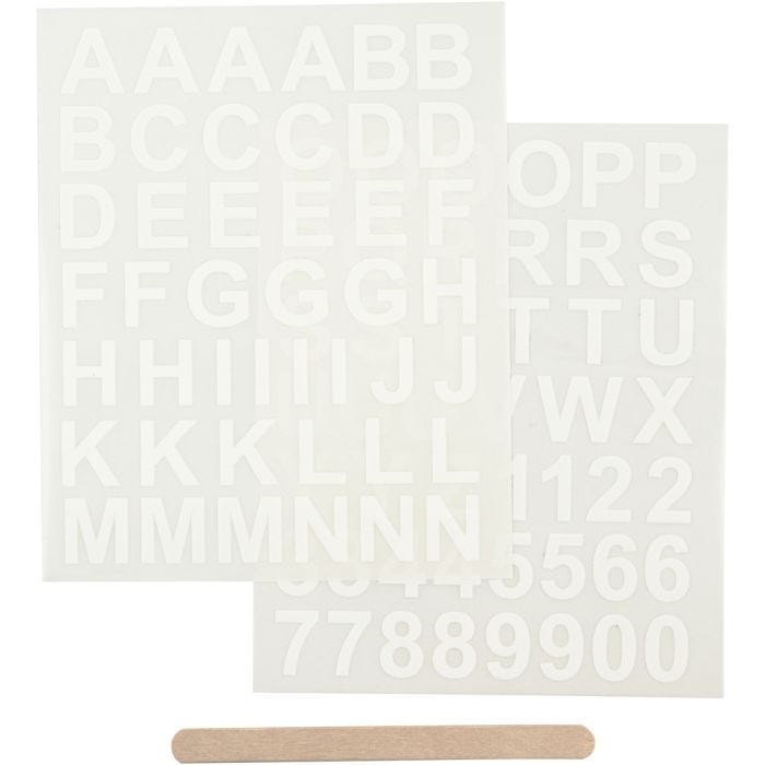 Rub on Merkelapper, bokstaver og tall, H: 17 mm, B: 17 mm, ark 12,2x15,3 cm, hvit, 1 pk.