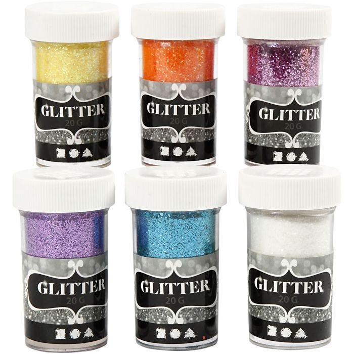 Glitter, ass. farger, 6x20 g/ 1 pk.